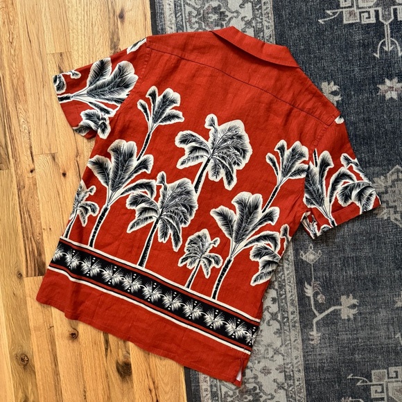 Men's Express Orange Linen Palm Tree Floral Button Down Beach Shirt Small - Picture 2 of 6